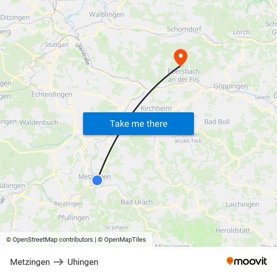 Metzingen to Uhingen map