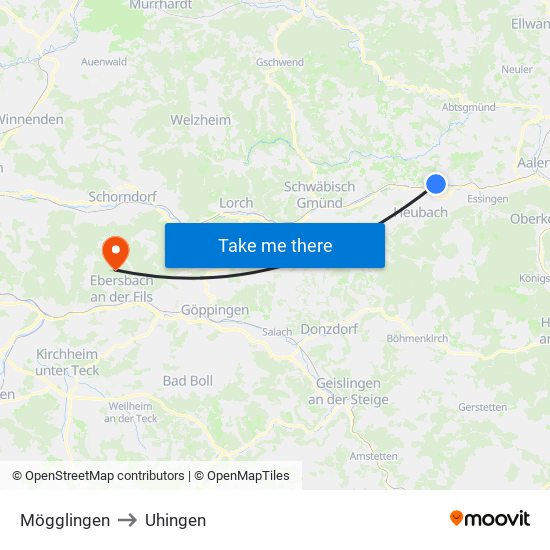 Mögglingen to Uhingen map