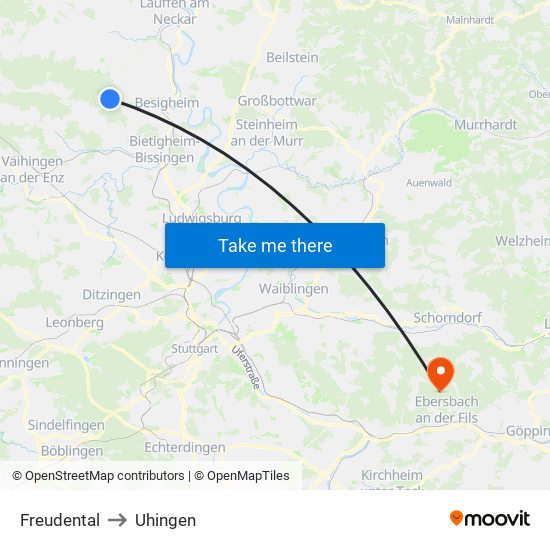 Freudental to Uhingen map