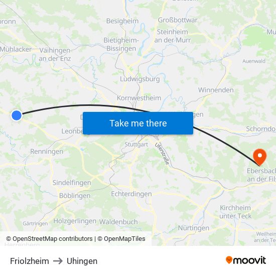 Friolzheim to Uhingen map