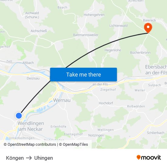 Köngen to Uhingen map