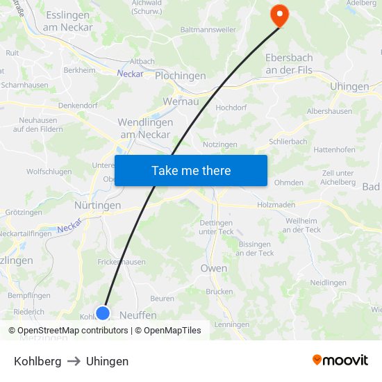 Kohlberg to Uhingen map