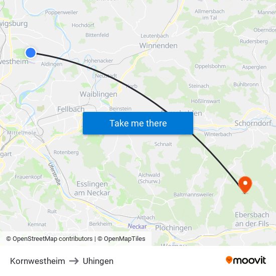 Kornwestheim to Uhingen map