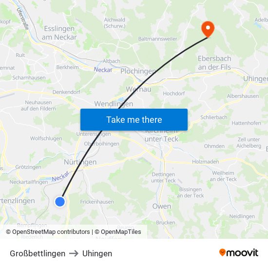 Großbettlingen to Uhingen map