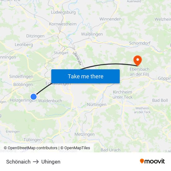 Schönaich to Uhingen map