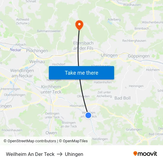 Weilheim An Der Teck to Uhingen map