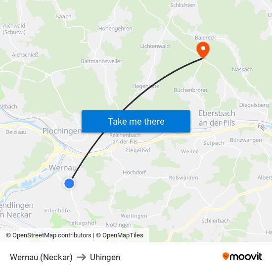 Wernau (Neckar) to Uhingen map