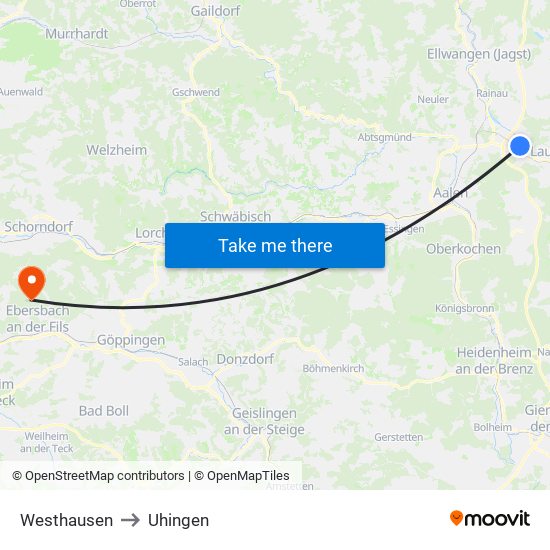 Westhausen to Uhingen map