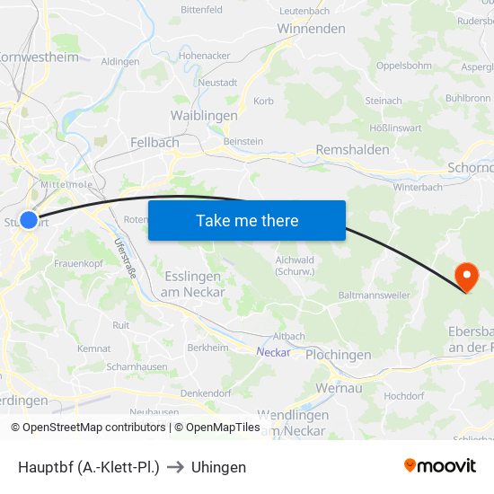 Hauptbf (A.-Klett-Pl.) to Uhingen map