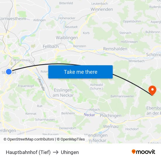 Hauptbahnhof (Tief) to Uhingen map