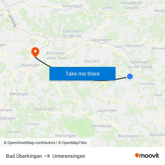 Bad Überkingen to Unterensingen map