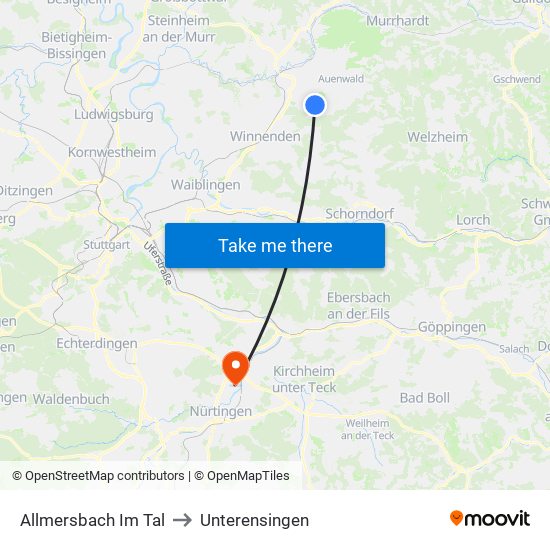 Allmersbach Im Tal to Unterensingen map
