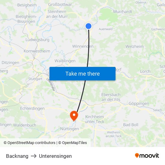 Backnang to Unterensingen map