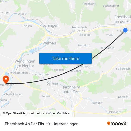 Ebersbach An Der Fils to Unterensingen map