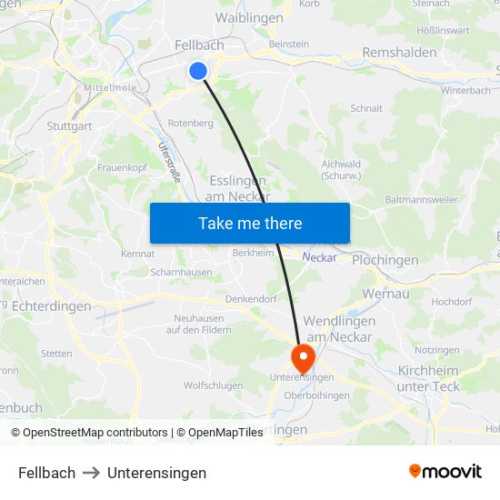 Fellbach to Unterensingen map