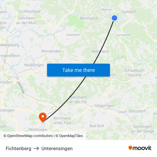 Fichtenberg to Unterensingen map