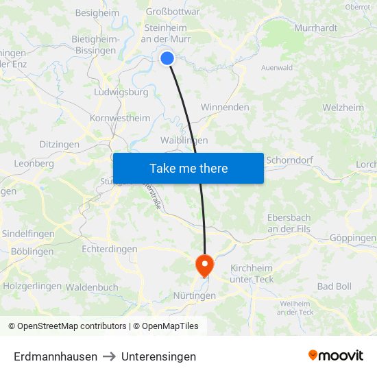 Erdmannhausen to Unterensingen map
