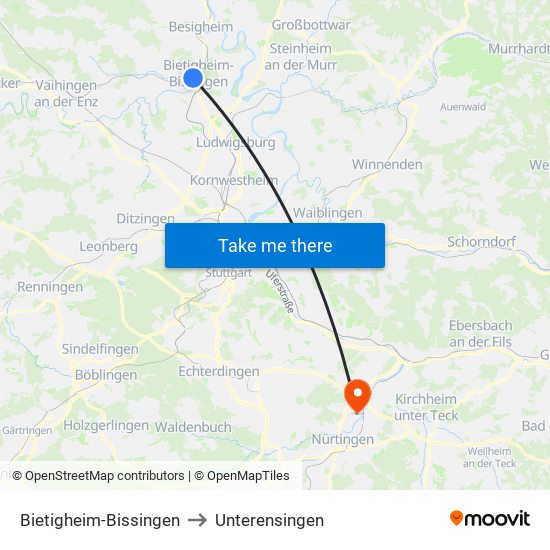 Bietigheim-Bissingen to Unterensingen map