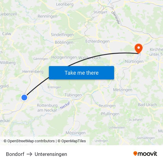 Bondorf to Unterensingen map