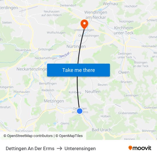 Dettingen An Der Erms to Unterensingen map