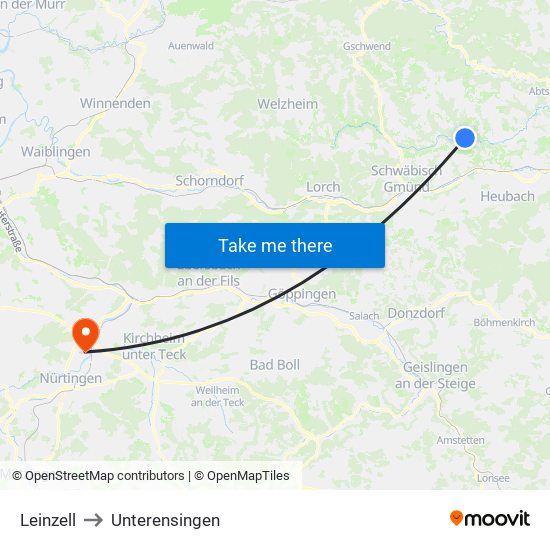 Leinzell to Unterensingen map