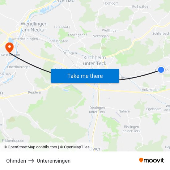 Ohmden to Unterensingen map