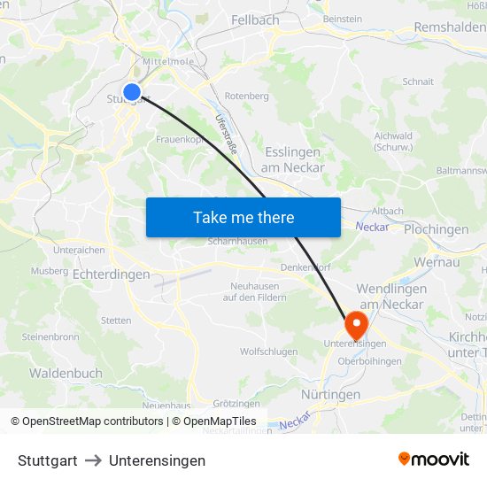 Stuttgart to Unterensingen map