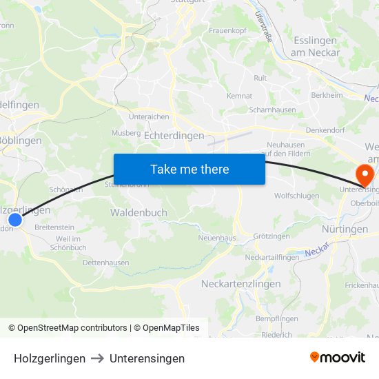 Holzgerlingen to Unterensingen map