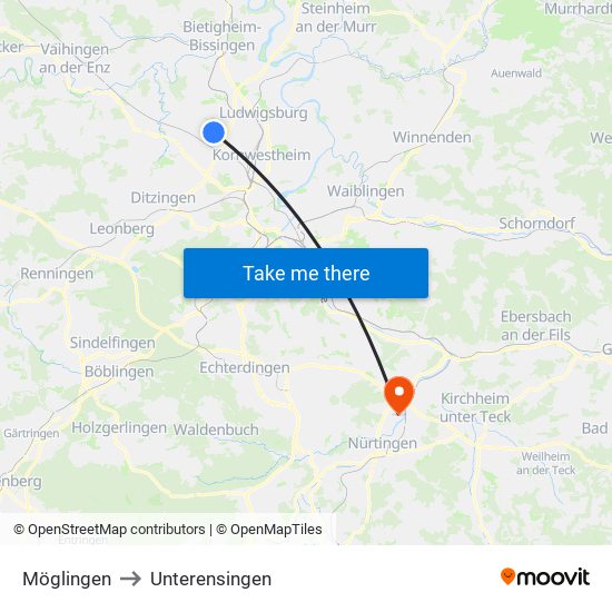 Möglingen to Unterensingen map