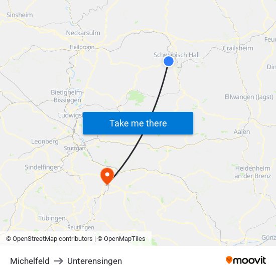 Michelfeld to Unterensingen map