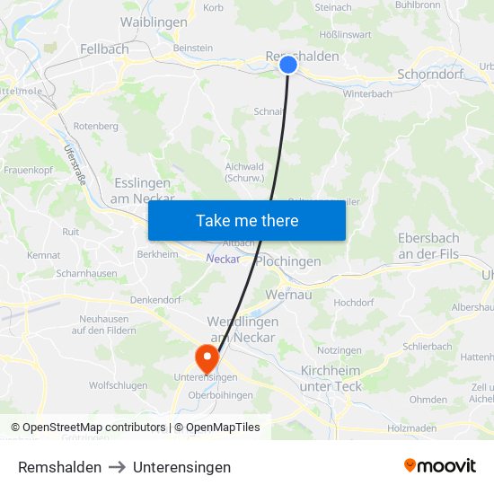 Remshalden to Unterensingen map