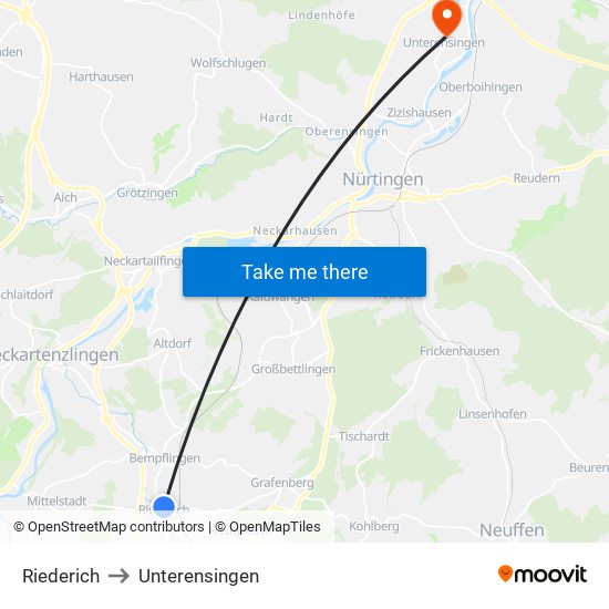 Riederich to Unterensingen map