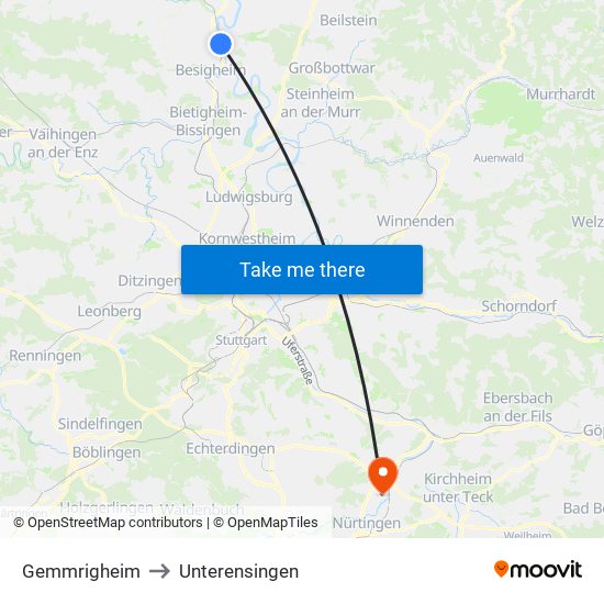 Gemmrigheim to Unterensingen map