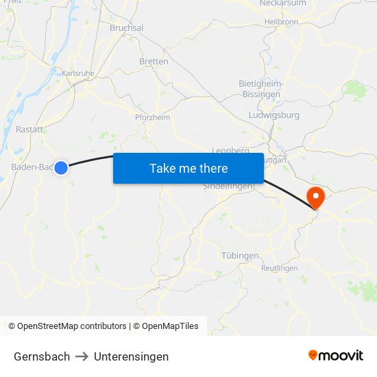 Gernsbach to Unterensingen map