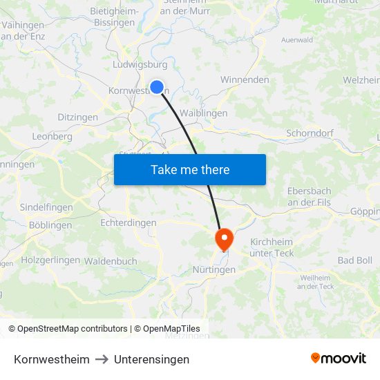 Kornwestheim to Unterensingen map