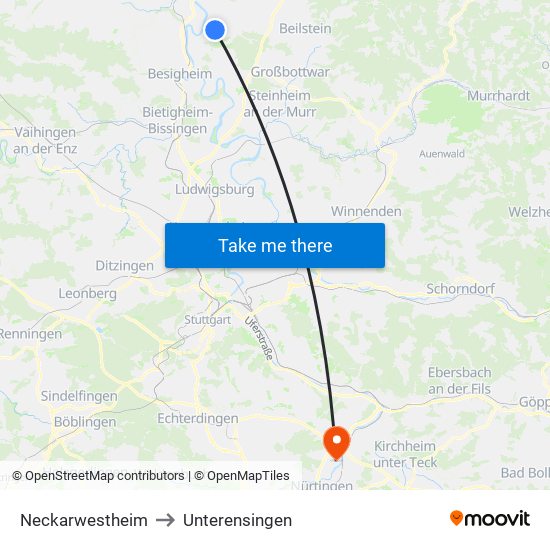 Neckarwestheim to Unterensingen map
