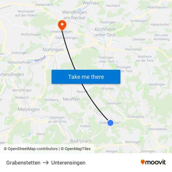 Grabenstetten to Unterensingen map