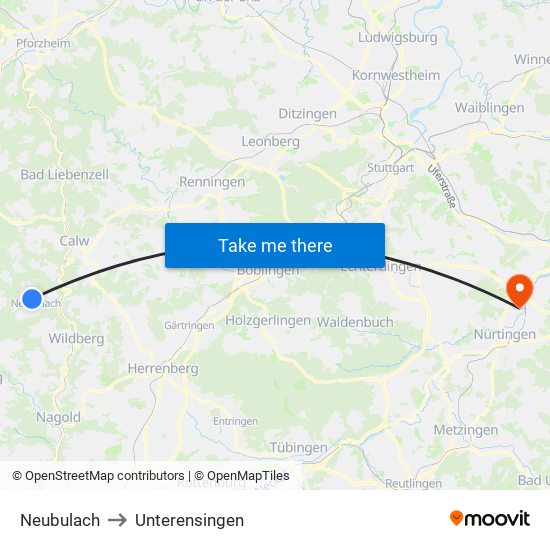 Neubulach to Unterensingen map