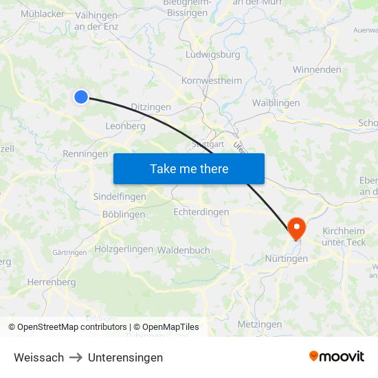 Weissach to Unterensingen map