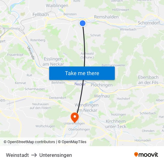 Weinstadt to Unterensingen map