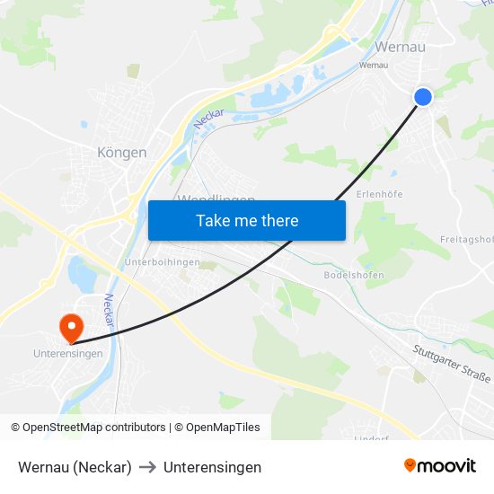 Wernau (Neckar) to Unterensingen map