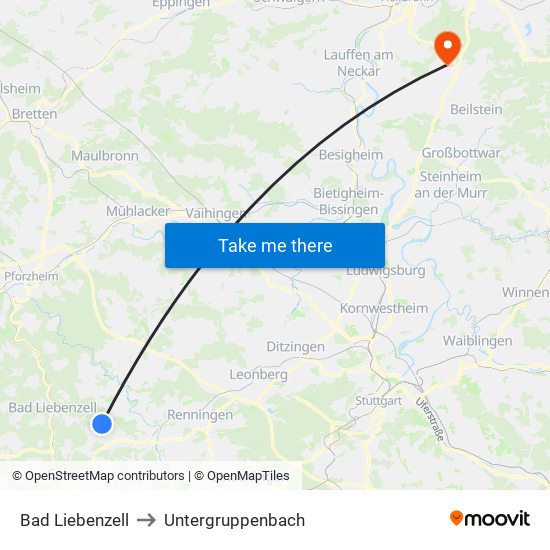 Bad Liebenzell to Untergruppenbach map