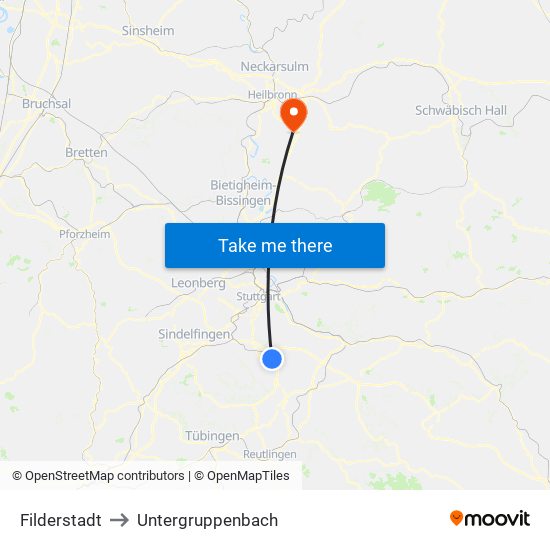 Filderstadt to Untergruppenbach map