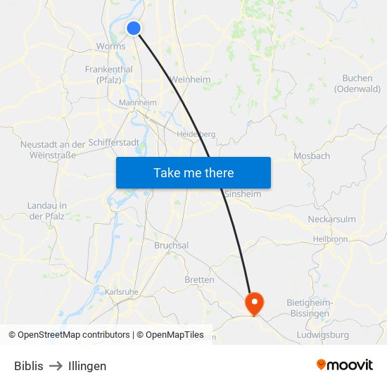 Biblis to Illingen map