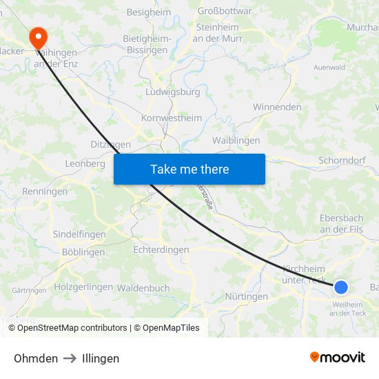 Ohmden to Illingen map
