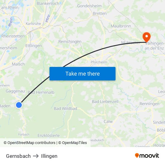 Gernsbach to Illingen map