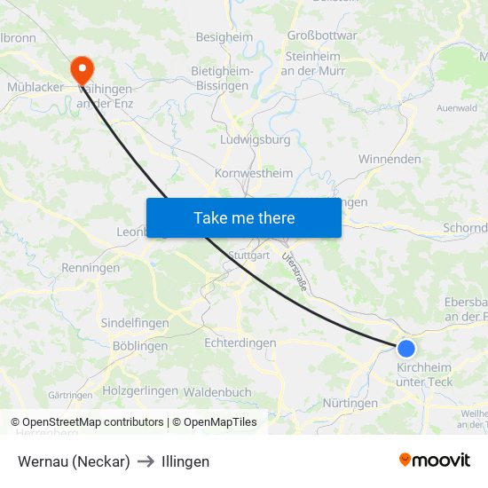 Wernau (Neckar) to Illingen map