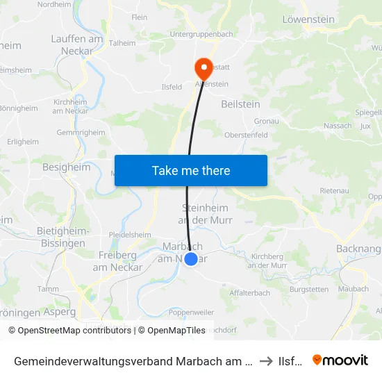 Gemeindeverwaltungsverband Marbach am Neckar to Ilsfeld map
