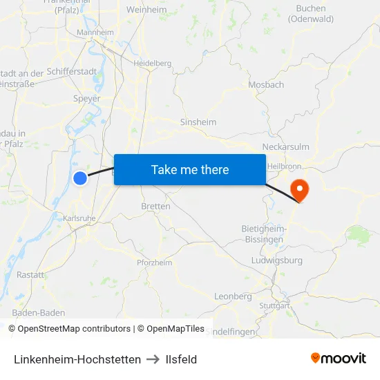 Linkenheim-Hochstetten to Ilsfeld map