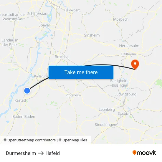 Durmersheim to Ilsfeld map